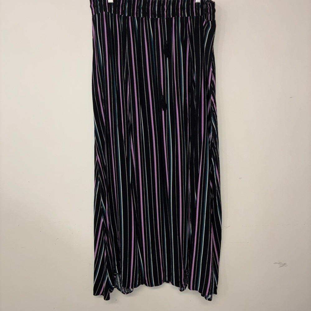 313 Torrid Maxi Skirt Womens 2 Black Purple Teal Striped Slit Elastic